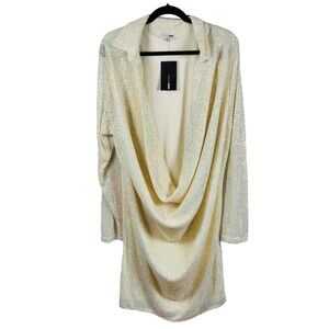 Fashionnova Money Spender Dress Cream Sequin Long Sleeve Cowl Neck Mob Wife 3X